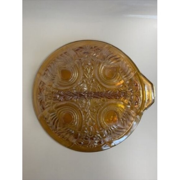 Canival Glass Irridescent Amber Divided Dish Serving Bowl Plate Vintage - Picture 6 of 12